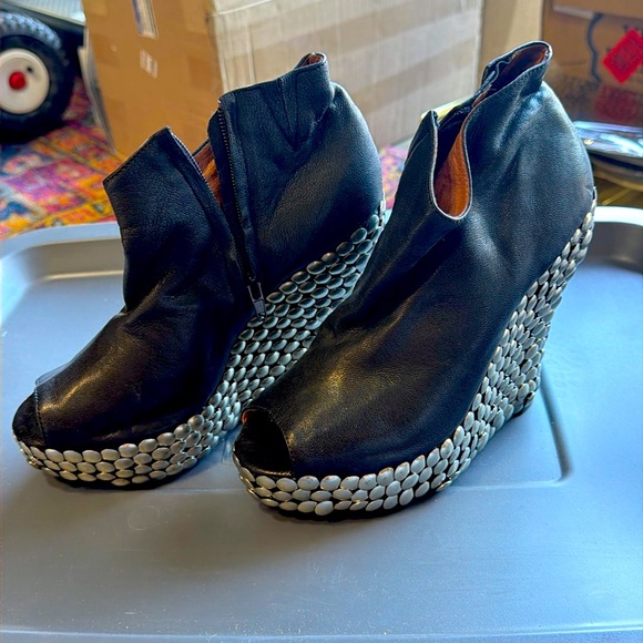 Jeffrey Campbell Shoes - Jeffrey Campbell TICK Black Leather Silver Studded Wedge Booties